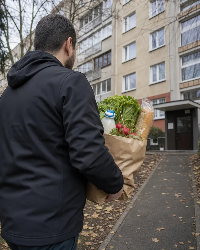 Kurier niesie torbę z zakupami pod blok na opolskim osiedlu