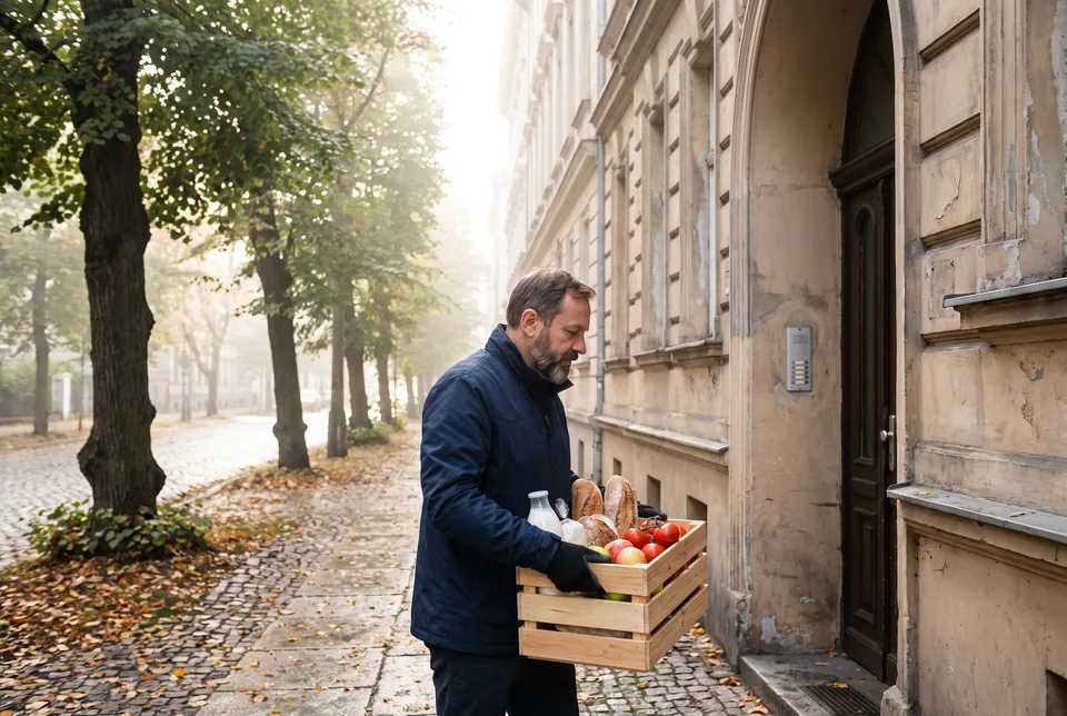 Dostawca wnosi skrzynkę zakupów do klatki szczecińskiej kamienicy