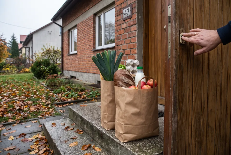 Zakupy spożywcze w torbach postawione przy drzwiach domu jednorodzinnego